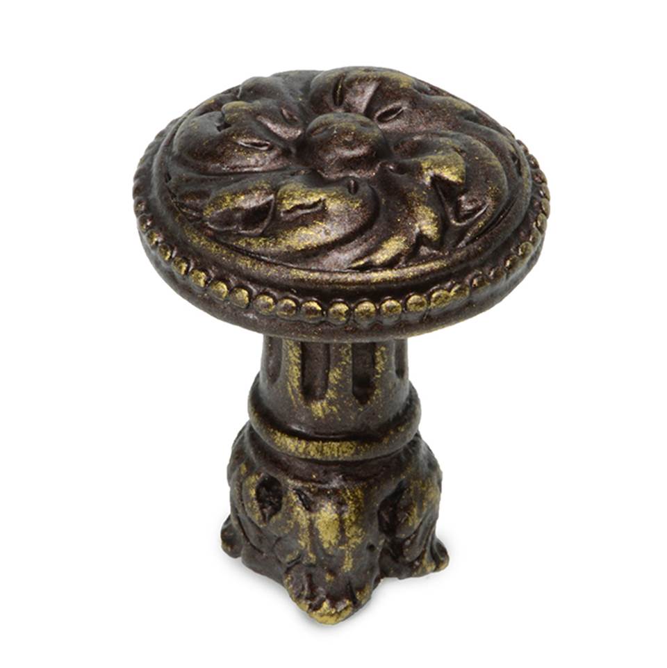 Carpe Diem Hardware - Acanthus and Beaded Medium Knob With Column Base Rosette Style In Antique Brass. - Antique Brass