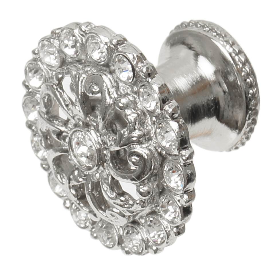 Cache Medium Round Knob With Flared Foot With Swarovski Clear Crystals In Satin.