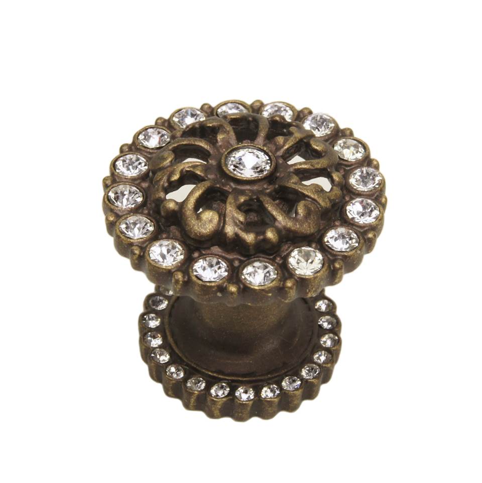Carpe Diem Hardware - Cache Medium Round Knob With Halo Platform With Swarovski Clear Crystals - Antique Brass