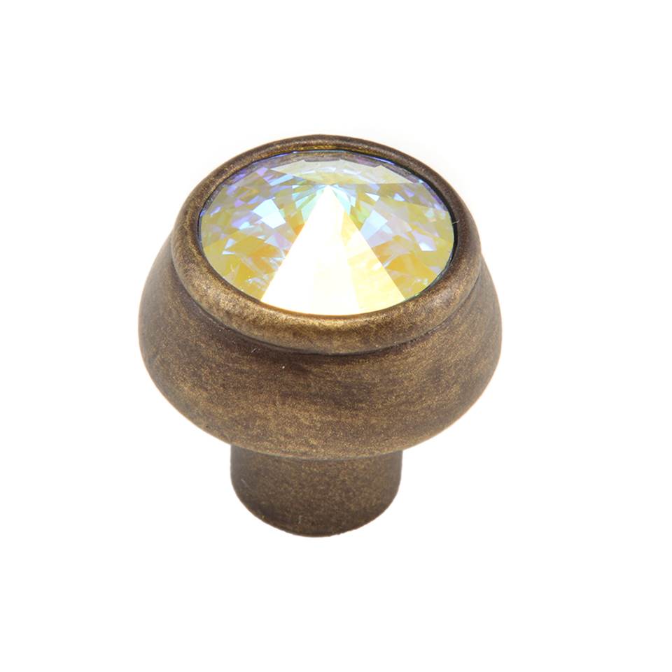Carpe Diem Hardware - Cache Round Knob With An 18Mm Rivoli Swarovski Aurore Boreale Crystal - Antique Brass