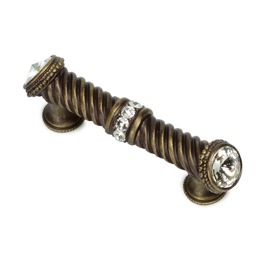 Carpe Diem Hardware - Cache 3'' O.C. Large Pull With End and Center 7 Rivoli Swarovski Clear Crystals In Antique Brass. - Antique Brass