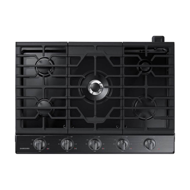 Samsung - Five Burners, 1-19000 Power Burner, 1-13000 Power Burner, 2-9.50, 1-5000 Simmer, Illuminated Knobs, Aluminum Griddle, Wi-Fi, 30'' - Black Stainless Steel