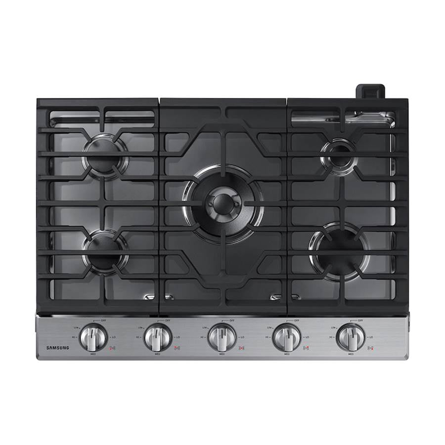 Samsung - Five Burners, 1-19000 Power Burner, 1-13000 Power Burner, 2-9.50, 1-5000 Simmer, Illuminated Knobs, Aluminum Griddle, Wi-Fi, 30'' - Stainless Steel