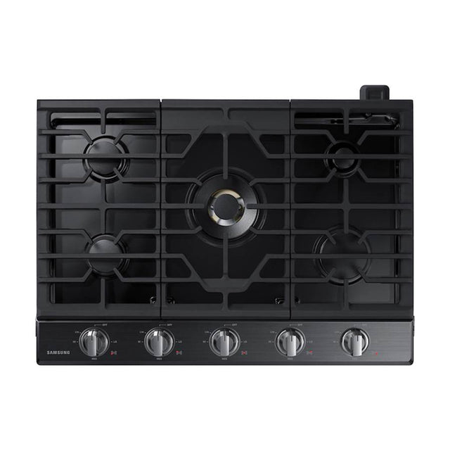 Samsung - Five Burners, 1-22000 Dual Ring Brass, 1-13000 Power Burner, 2-9.5, 1-5000 Simmer, Illuminated Knobs, Die Cast Griddle, Wok Ring, Wi-Fi, 30'' - Black Stainless Steel