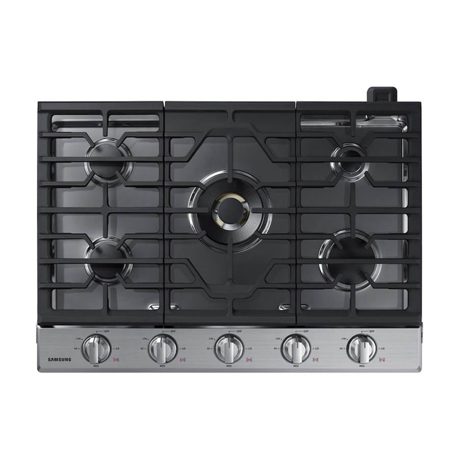 Samsung - Five Burners, 1-22000 Dual Ring Brass Power Burner, 1-13000, 2-9.5, 1-5000 Simmer, Illuminated Knobs, Die Cast Griddle, Wok Ring, Wi-Fi, 30'' - Stainless Steel
