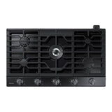 Samsung - Five Burners, 1-19000 Power Burner, 1-13000 Power Burner, 2-9.50, 1-5000 Simmer, Illuminated Knobs, Aluminum Griddle, Wi-Fi, 36'' - Black Stainless Steel