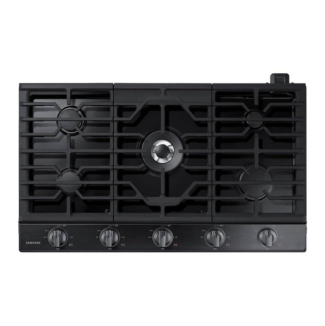 Samsung - Five Burners, 1-19000 Power Burner, 1-13000 Power Burner, 2-9.50, 1-5000 Simmer, Illuminated Knobs, Aluminum Griddle, Wi-Fi, 36'' - Black Stainless Steel