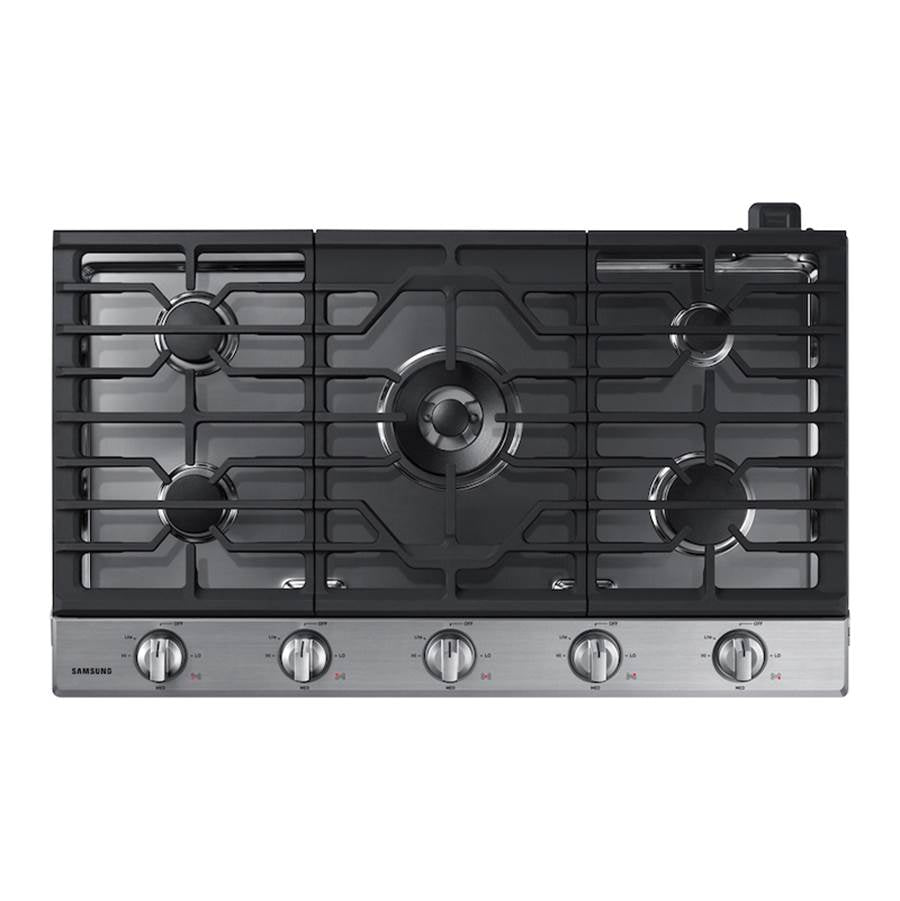 Samsung - Five Burners, 1-19000 Power Burner, 1-13000 Power Burner, 2-9.50, 1-5000 Simmer, Illuminated Knobs, Aluminum Griddle, Wi-Fi, 36'' - Stainless Steel