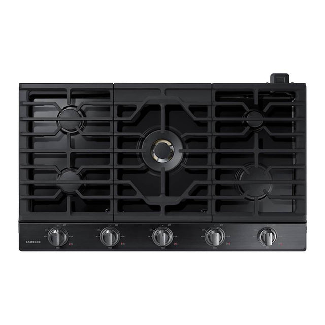 Samsung - Five Burners, 1-22000 Dual Ring Brass, 1-13000 Power Burner, 2-9.5 K, 1-5000 Simmer, Illuminated Knobs, Die-cast Griddle, Wok Ring, Wi-Fi, 36'' - Black Stainless Steel