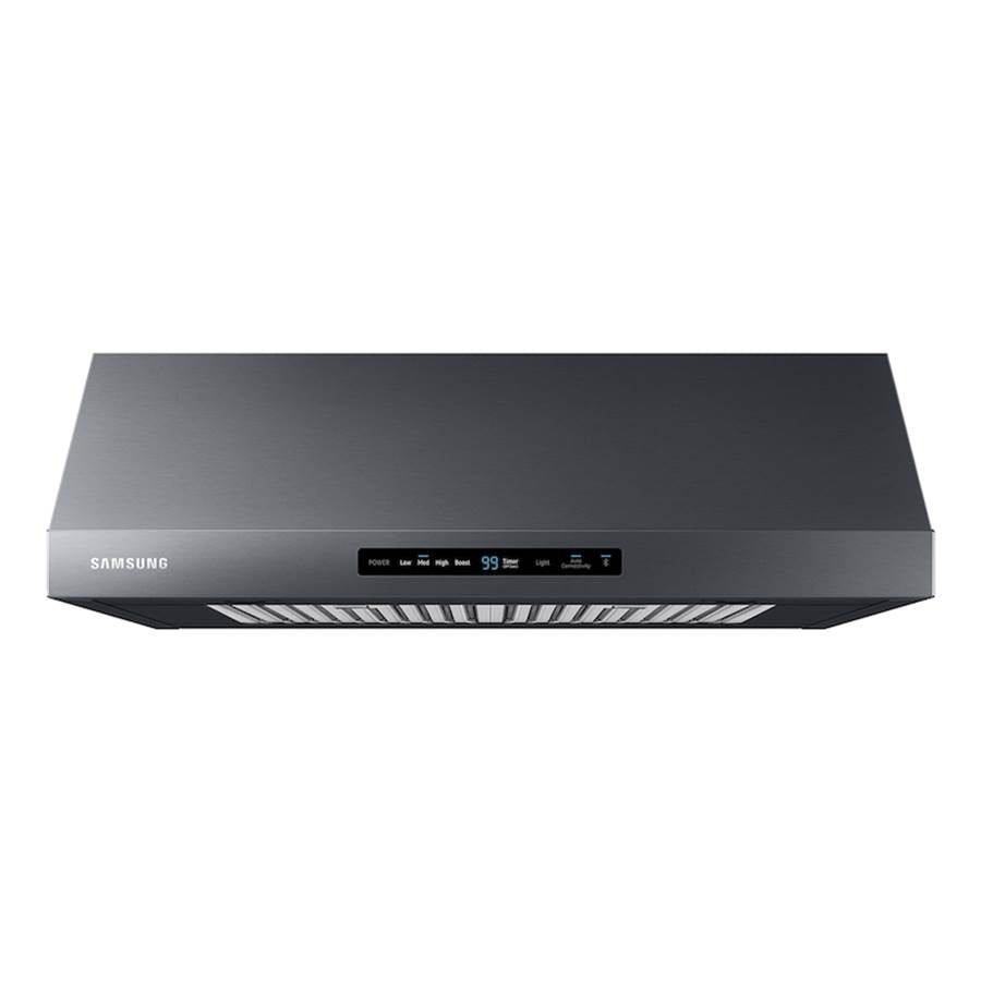 Samsung - Under Cabinet Exterior Venting (Recirculating Capable), LED Lighting, Baffle Filters, Hood Connectivity, Wi-Fi, 390 cfm (600 cfm Capable), 30'' - Black Stainless Steel