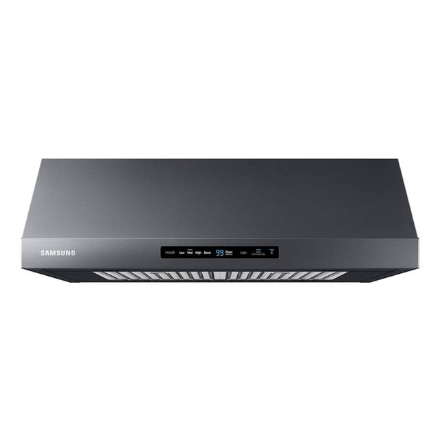 Samsung - Under Cabinet Exterior Venting (Recirculating Capable), LED Lighting, Baffle Filters, Hood Connectivity, Wi-Fi, 390 cfm (600 cfm Capable), 30'' - Black Stainless Steel