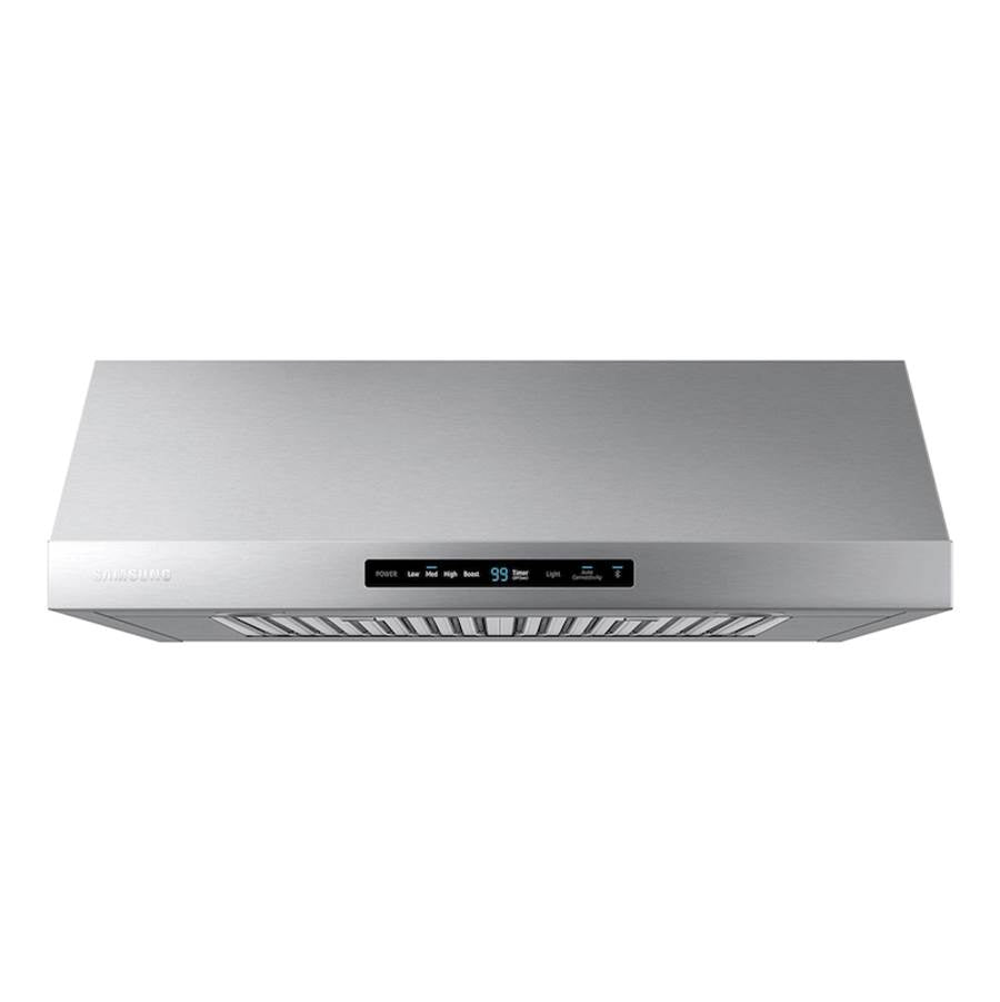 Samsung - Under Cabinet Exterior Venting (Recirculating Capable), LED Lighting, Baffle Filters, Hood Connectivity, Wi-Fi, 390 cfm (600 cfm Capable), 30'' - Stainless Steel