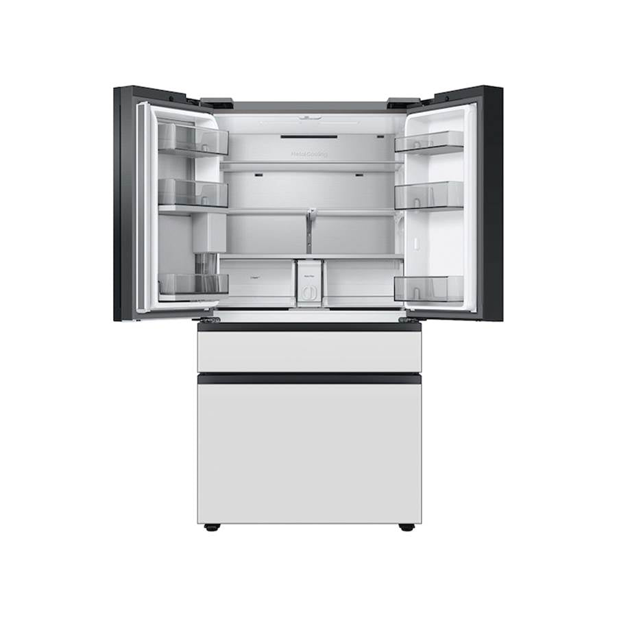 Smart Bespoke French 4-Door Refrigerator with Customizable Panel Colors and Beverage Center in White Glass, 23 cu-ft