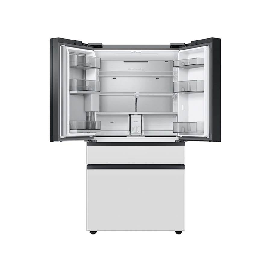 Smart Bespoke French 4-Door Refrigerator with Customizable Panel Colors and Beverage Center in White Glass, 29 cu-ft