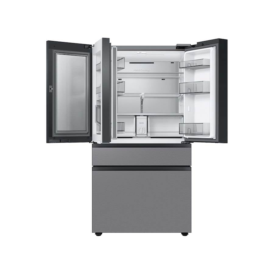Smart Bespoke French 4-Door Refrigerator with Customizable Panel Colors and Beverage Center in White Glass, 29 cu-ft