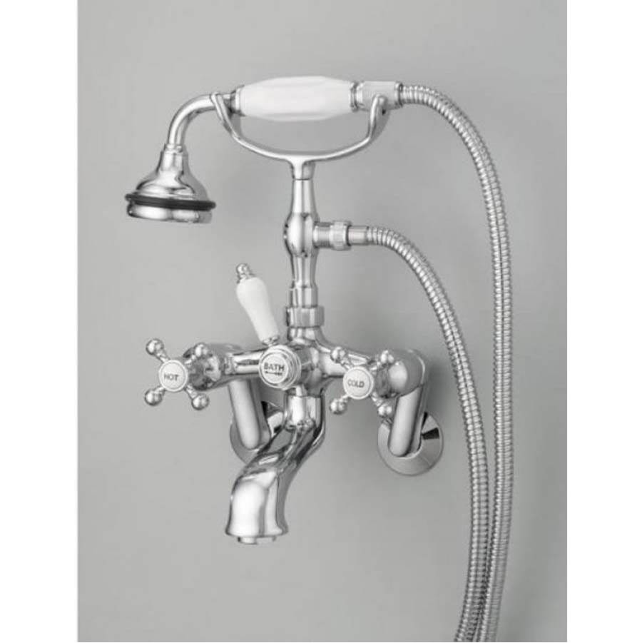 Cheviot Products - 5100 SERIES Wall-Mount Tub Filler - Cross Handles - Porcelain Accents - Satin Brass