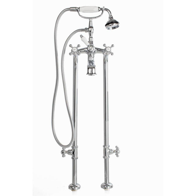 Cheviot Products - 5100 SERIES Extra-Tall Free-Standing Tub Filler with Stop Valves - Cross Handles - Porcelain Accents - Satin Brass