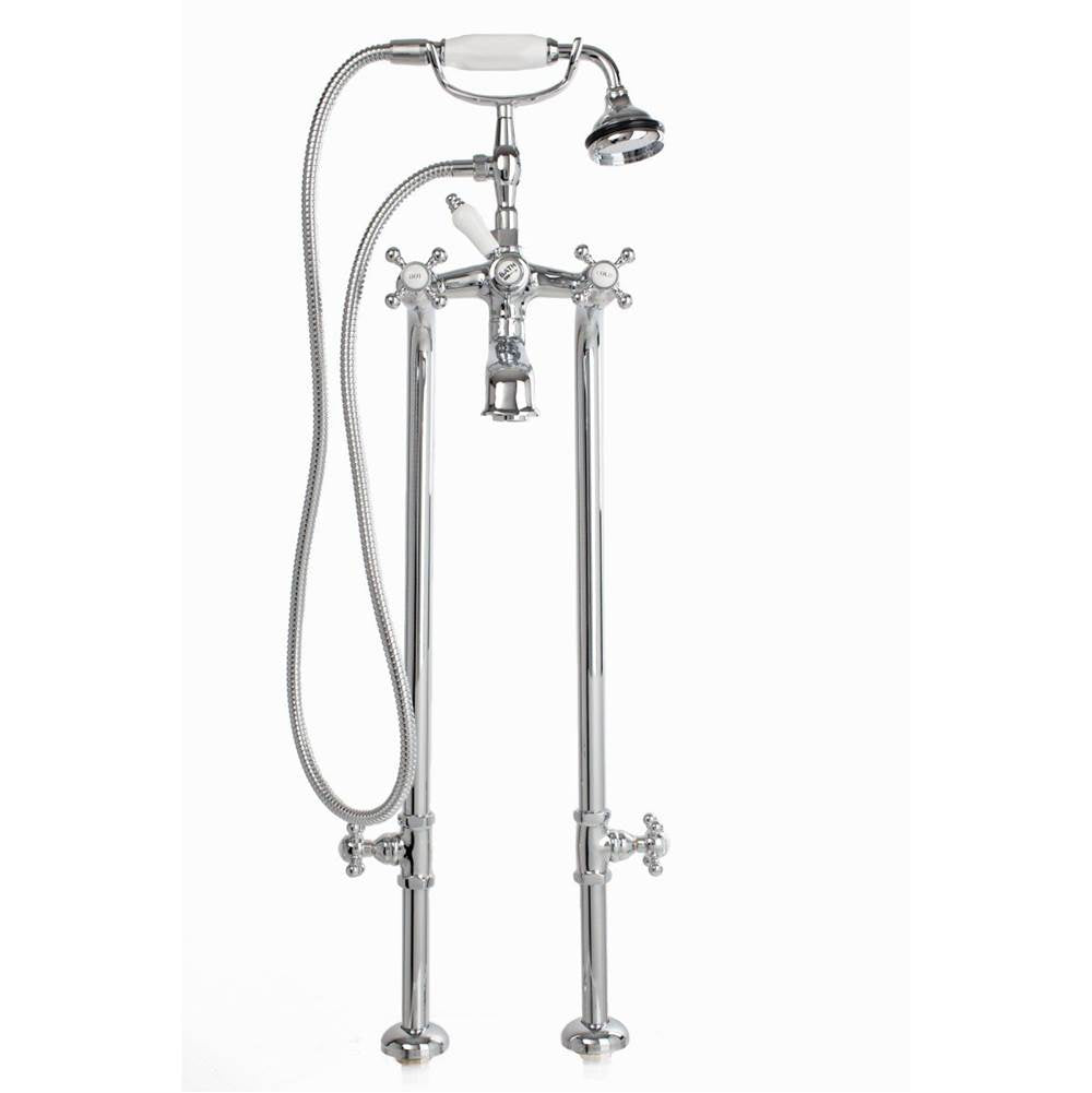 Cheviot Products - 5100 SERIES Free-Standing Tub Filler with Stop Valves - Cross Handles - Porcelain Accents - Satin Brass