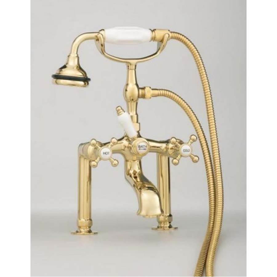 Cheviot Products - 5100 SERIES Extra-Tall Deck-Mount Tub Filler - Lever Handles - Porcelain Accents - Satin Brass