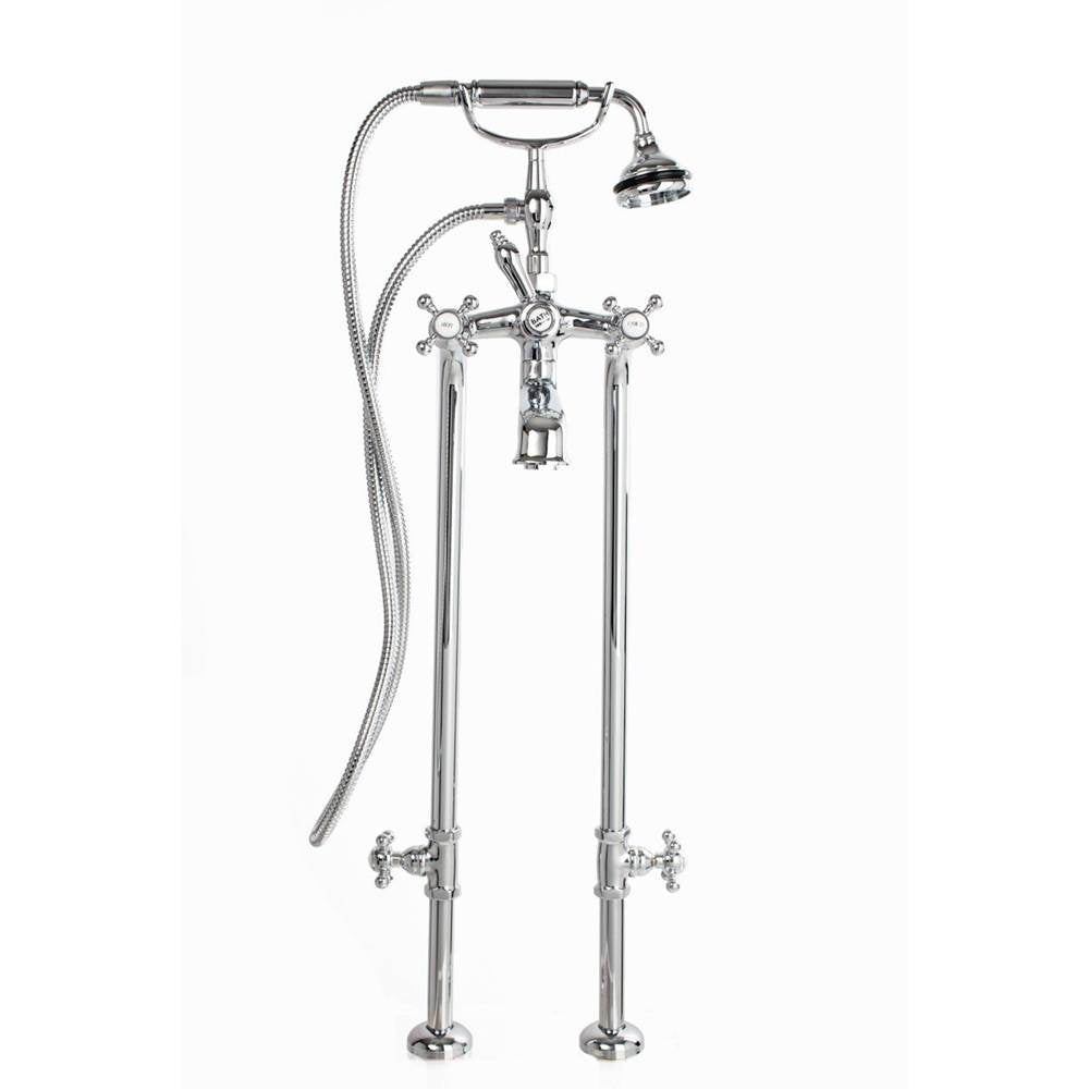 Cheviot Products - 5100 SERIES Extra-Tall Free-Standing Tub Filler with Stop Valves - Cross Handles - Metal Accents - Satin Brass