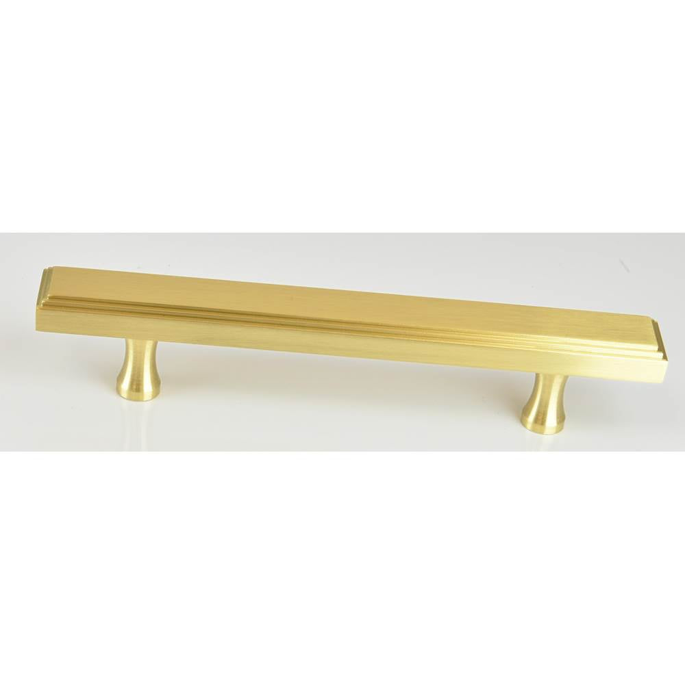 Colonial Bronze - 4'' center-to-center, 6'' overall, 0.75 x 0.375'' Rectangular, stepped Cabinet Pull with flared posts hand finished in Satin Brass - Satin Brass