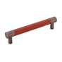 Colonial Bronze - Custom Length, Leather Accented Round Pull With Straight Posts, Weathered Brass x Pinseal Brushed Steel Leather - Weathered Brass