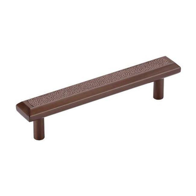 Colonial Bronze - Leather Accented Rectangular, Beveled Cabinet Pull With Straight Posts, Weathered Brass x Woven Fudge Leather - Weathered Brass