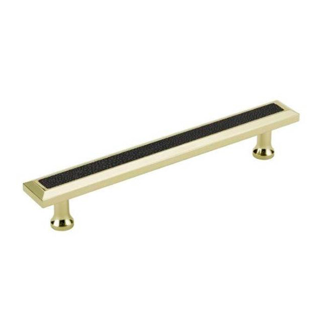 Colonial Bronze - Custom Length, Leather Accented Rectangular, Beveled Pull With Flared Posts, Weathered Brass x Shagreen Gris Ligero Leather - Weathered Brass