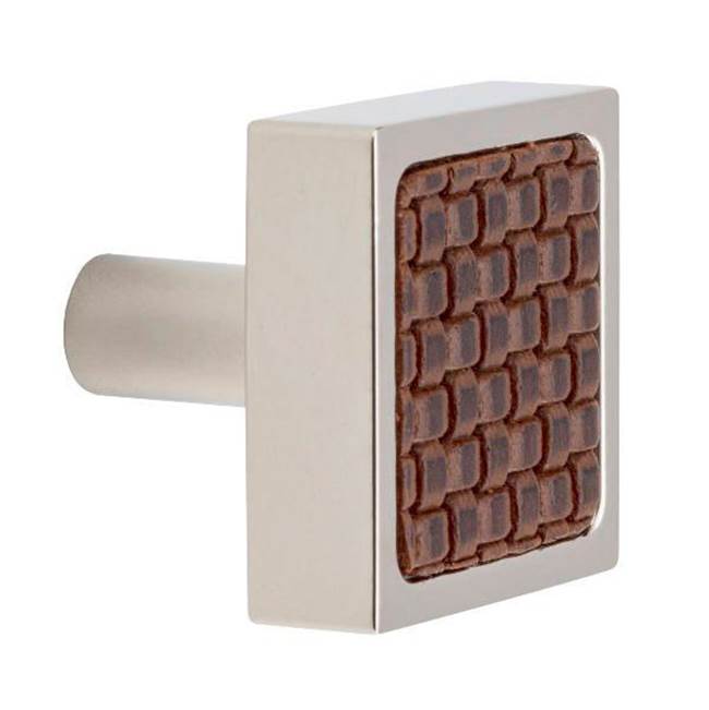 Colonial Bronze - Leather Accented Square Cabinet Knob With Straight Post, Weathered Brass x Pinseal Seal Rock Leather - Weathered Brass