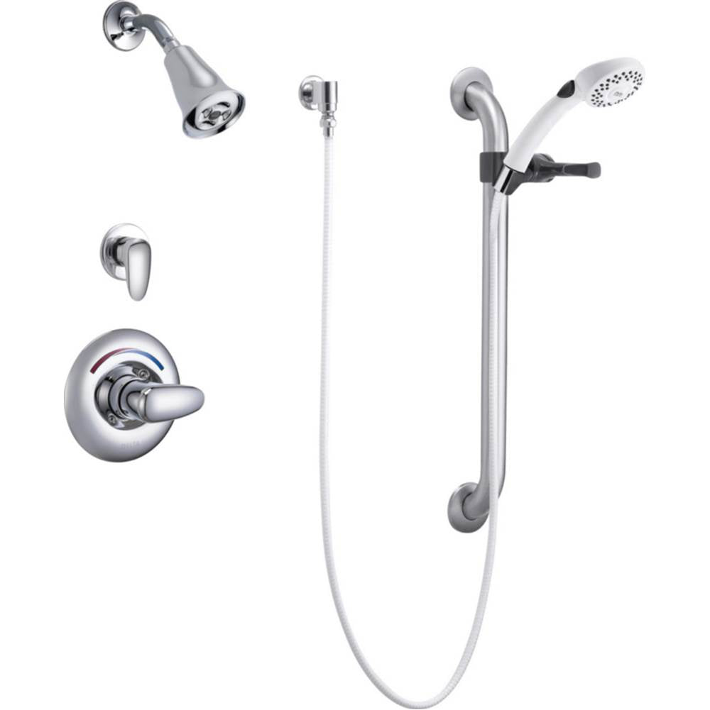 Delta Commercial - Commercial T13H: Universal Dual Shower Trim, Diverter, Hand Shower, and Grab Bar - Chrome