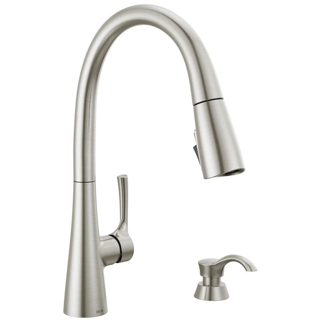 Delta Faucet - AuburnE Single Handle Pull-Down Kitchen Faucet with Soap Dispenser and ShieldSpray Technology - Spotshield Stainless