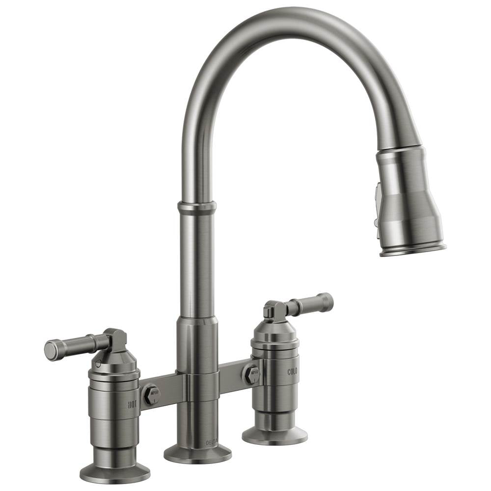 Delta Faucet - BroderickE Two Handle Pull-Down Bridge Kitchen Faucet - Black Stainless