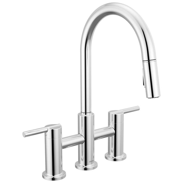 Delta Faucet - NicoliE Two Handle Pull-Down Bridge Kitchen Faucet - Chrome