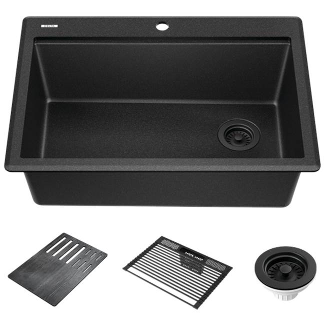 Delta Faucet - EverestE 30'' Granite Composite Workstation Kitchen Sink Drop-In Top Mount Single Bowl with WorkFlowE Ledge and Accessories in Black