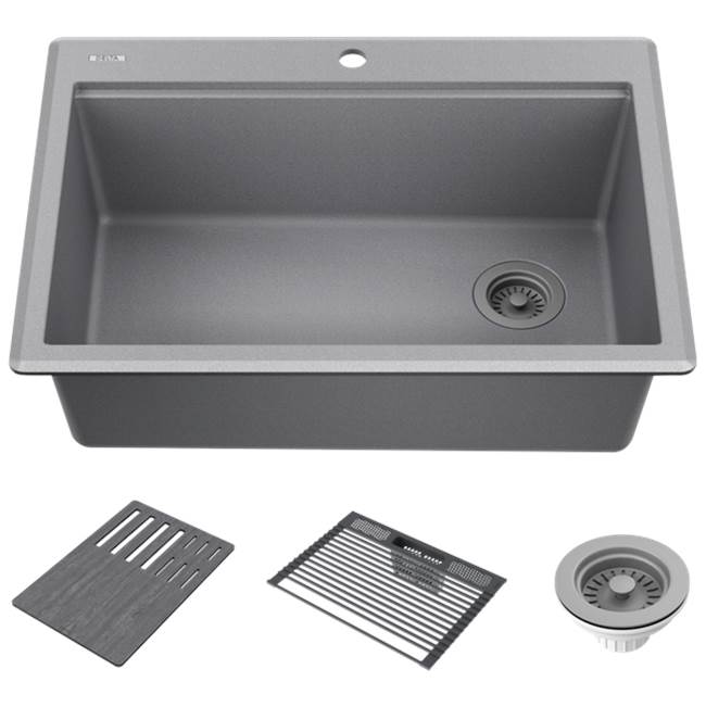 Delta Faucet - EverestE 30'' Granite Composite Workstation Kitchen Sink Drop-In Top Mount Single Bowl with WorkFlowE Ledge and Accessories in Dark Grey
