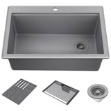 Delta Faucet - EverestE 30'' Granite Composite Workstation Kitchen Sink Drop-In Top Mount Single Bowl with WorkFlowE Ledge and Accessories in Dark Grey
