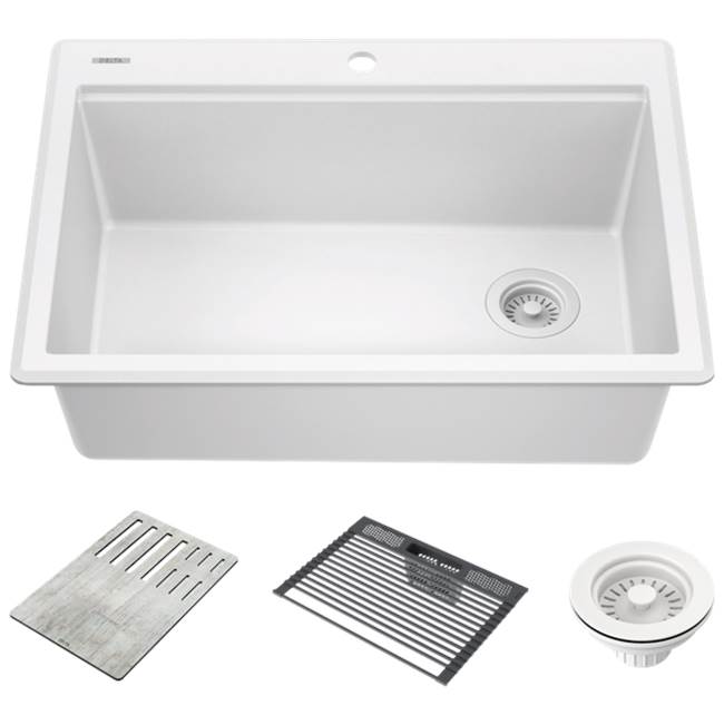 Delta Faucet - EverestE 30'' Granite Composite Workstation Kitchen Sink Drop-In Top Mount Single Bowl with WorkFlowE Ledge and Accessories in White