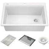 Delta Faucet - EverestE 30'' Granite Composite Workstation Kitchen Sink Drop-In Top Mount Single Bowl with WorkFlowE Ledge and Accessories in White