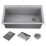 Delta Faucet - EverestE 33'' Granite Composite Workstation Kitchen Sink Drop-In Top Mount Single Bowl with WorkFlowE Ledge and Accessories in Dark Grey