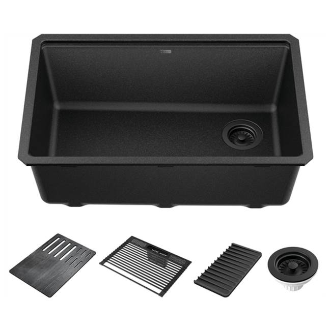 Delta Faucet - EverestE 30'' Granite Composite Workstation Kitchen Sink Undermount Single Bowl with WorkFlowE Ledge and Accessories in Metallic Black