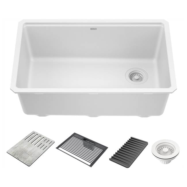 Delta Faucet - EverestE 30'' Granite Composite Workstation Kitchen Sink Undermount Single Bowl with WorkFlowE Ledge and Accessories in White