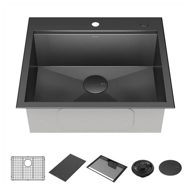 Delta Faucet - RivetE 25'' Workstation Kitchen Sink Drop-In Top Mount 16 Gauge Stainless Steel Single Bowl in PVD Gunmetal Finish with WorkFlowE Ledge and Accessories
