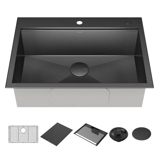 Delta Faucet - RivetE 30'' Workstation Kitchen Sink Drop-In Top Mount 16 Gauge Stainless Steel Single Bowl in PVD Gunmetal Finish with WorkFlowE Ledge and Accessories