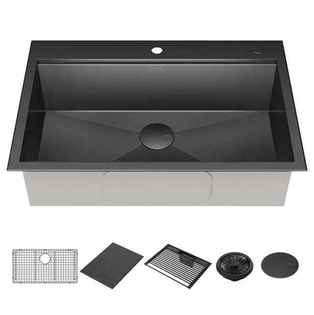 Delta Faucet - RivetE 33'' Workstation Kitchen Sink Drop-In Top Mount 16 Gauge Stainless Steel Single Bowl in PVD Gunmetal Finish with WorkFlowE Ledge and Accessories