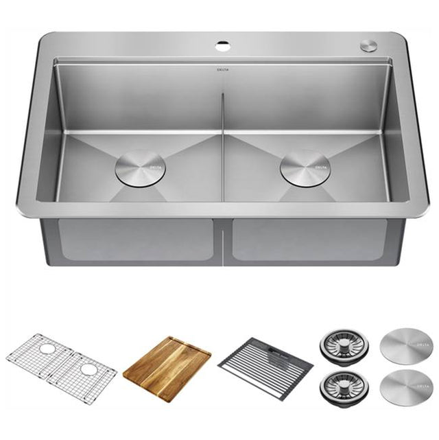 Delta Faucet - LorelaiE 33'' Workstation Kitchen Sink Drop-In Top Mount 16 Gauge Stainless Steel Double Bowl with WorkFlowE Ledge and Accessories