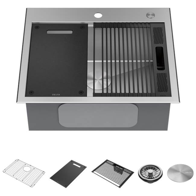 Delta Faucet - RivetE 25'' Workstation Kitchen Sink Drop-In Top Mount 16 Gauge Stainless Steel Single Bowl with WorkFlowE Ledge and Accessories