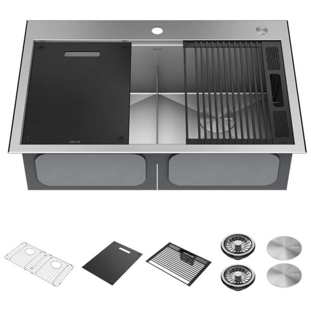 Delta Faucet - RivetE 33'' Workstation Kitchen Sink Drop-In Top Mount 16 Gauge Stainless Steel 50/50 Double Bowl with WorkFlowE Ledge and Accessories