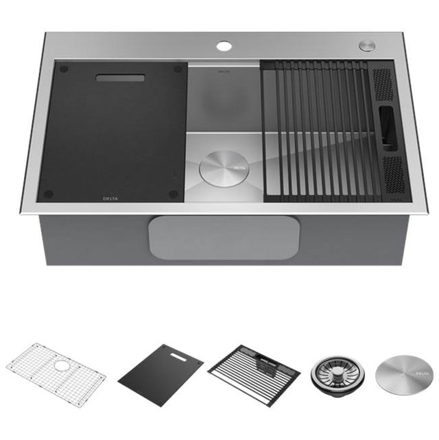 Delta Faucet - RivetE 33'' Workstation Kitchen Sink Drop-In Top Mount 16 Gauge Stainless Steel Single Bowl with WorkFlowE Ledge and Accessories