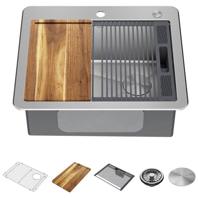 Delta Faucet - LorelaiE 25'' Workstation Kitchen Sink Drop-In Top Mount 16 Gauge Stainless Steel Single Bowl with WorkFlowE Ledge and Accessories