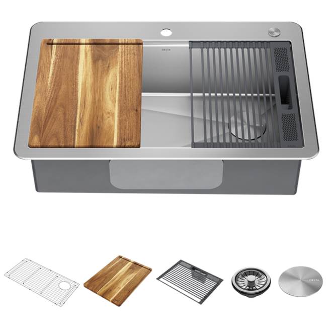 Delta Faucet - LorelaiE 33'' Workstation Kitchen Sink Drop-In Top Mount 16 Gauge Stainless Steel Single Bowl with WorkFlowE Ledge and Accessories